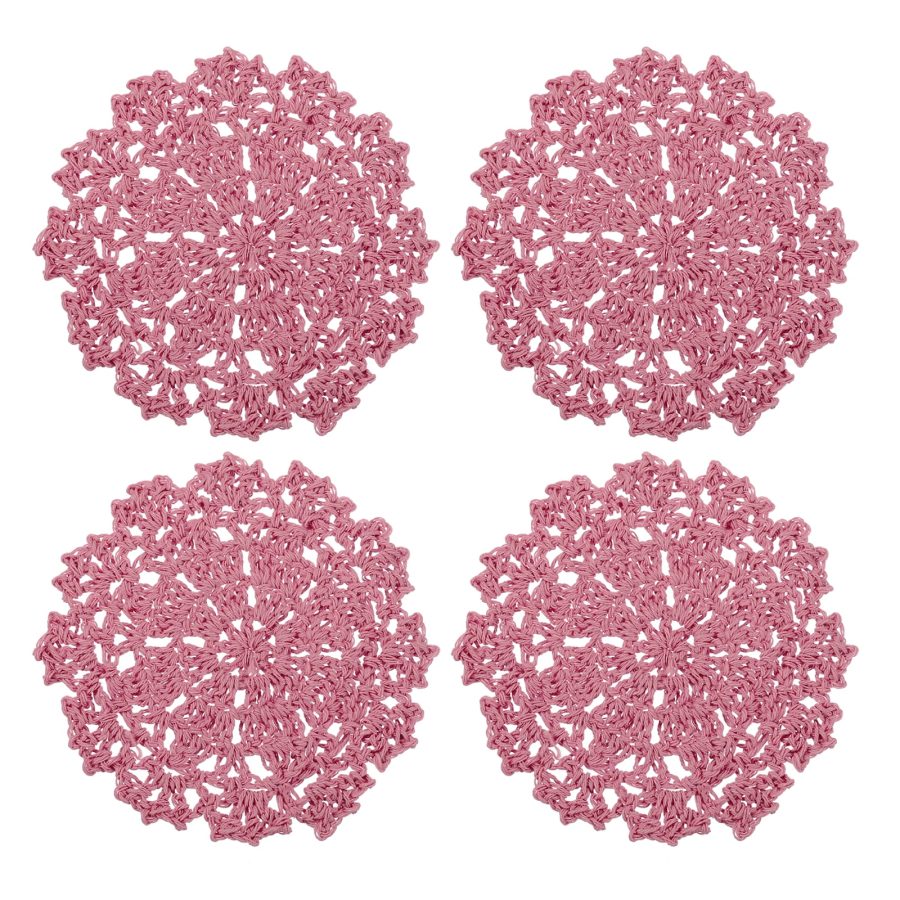 Fabric Coasters, 4pcs 4" - Cotton Woven Crochet Doilies, Lace Embroidery Cup Mat with Pattern (Leather Pink)