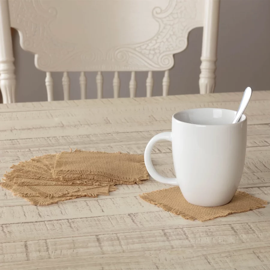 Burlap Solid Color Cotton Farmhouse Tabletop Kitchen Square Coaster Set of 12, Natural Tan