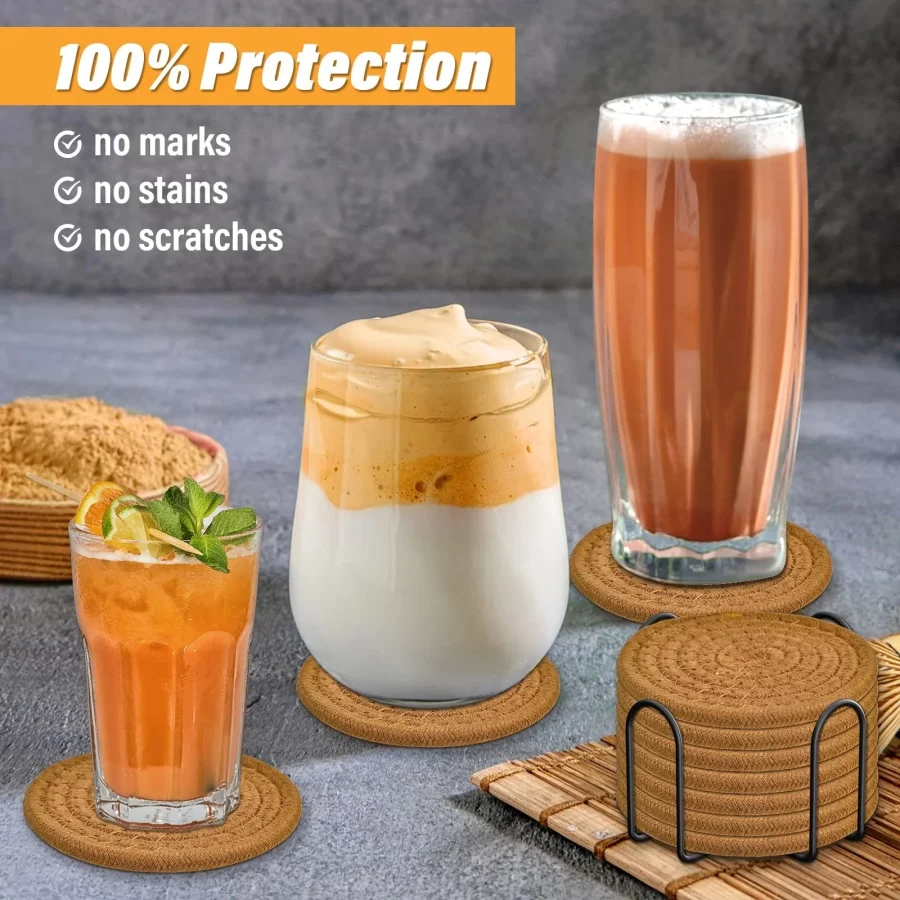 8 Pcs Drink Coasters with Holder, Smasener Absorbent Coasters for Drinks, Minimalist Cotton Woven Coaster Set for Home Decor Tabletop Protection Suitable for Kinds of Cups, 4.3 Inches - Image 2