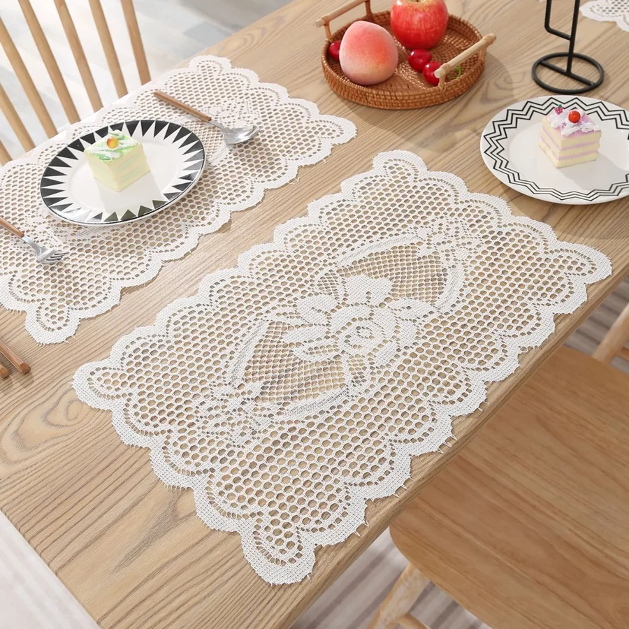 Table Mat Non-slip Elegant Embroidered Flower Solid White Color Nordic Style Lace Cup Coaster Bowl Cushion Home Decor (Square) - Image 2