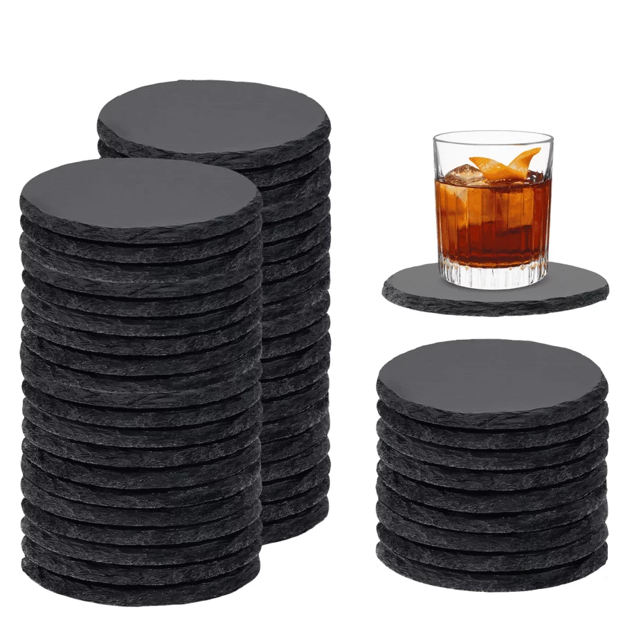 50 PCS Round Slate Coasters, 4 x 4 Inch Laser Engraving Blanks Stone Cup Coaster with Anti-Scratch Backing for Drink, Bar,  Home, Engraver, Gifts, Handmade, DIY(Black)
